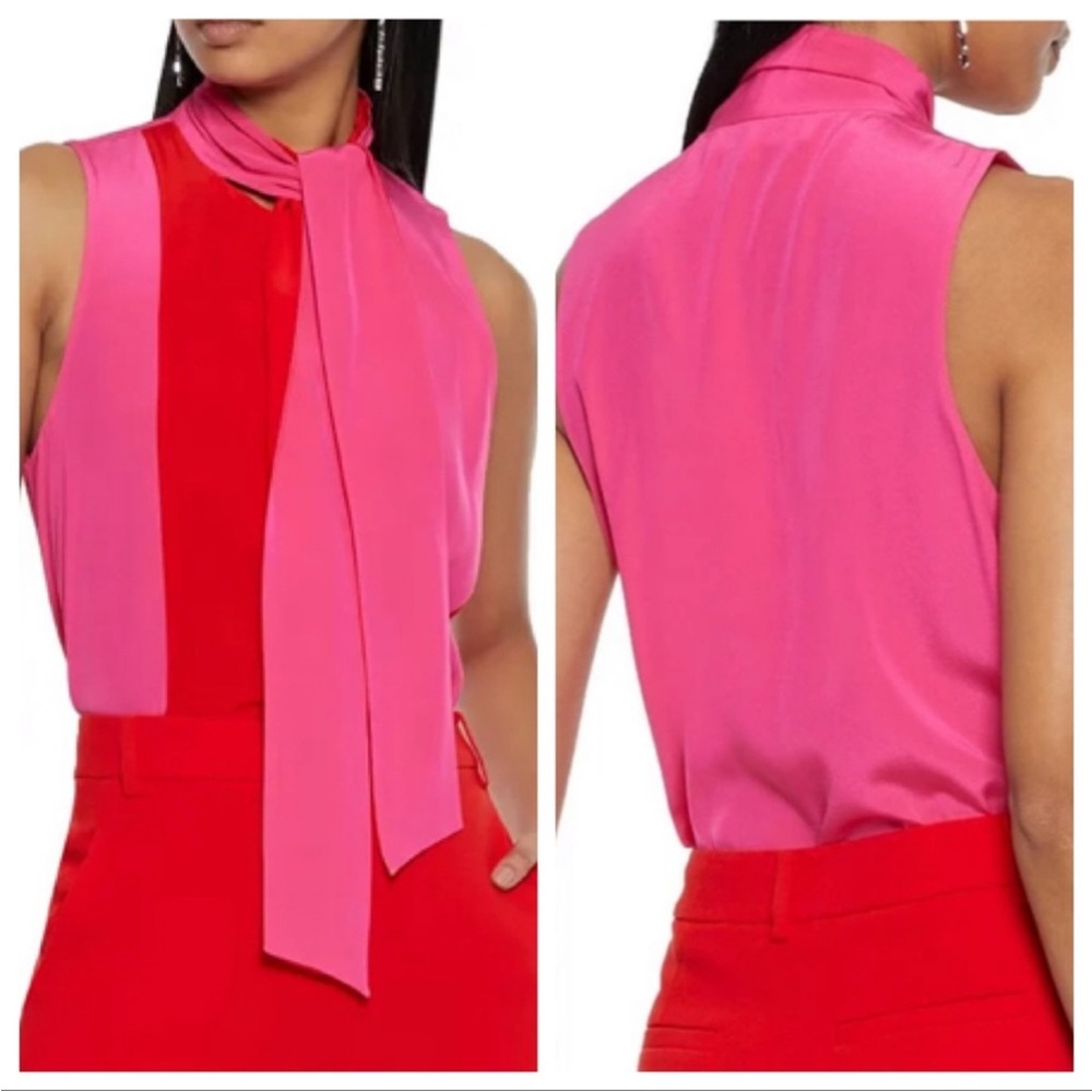 NWT Diane Von Furstenberg DVF Regine color blocked silk top in Red and Pink. XS